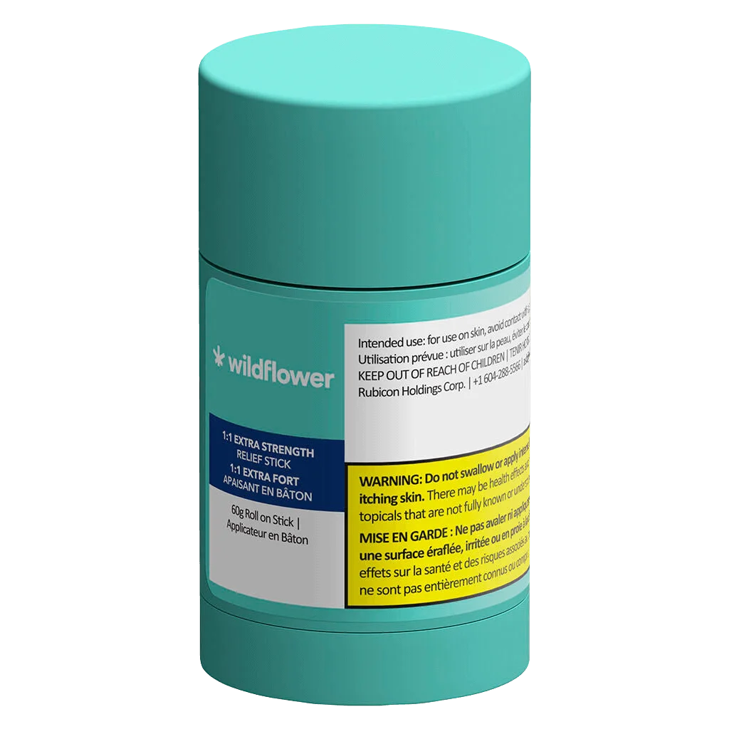 Wildflower 1:1 Extra Strength Relief Stick, 60g roll-on topical in turquoise packaging with warning labels