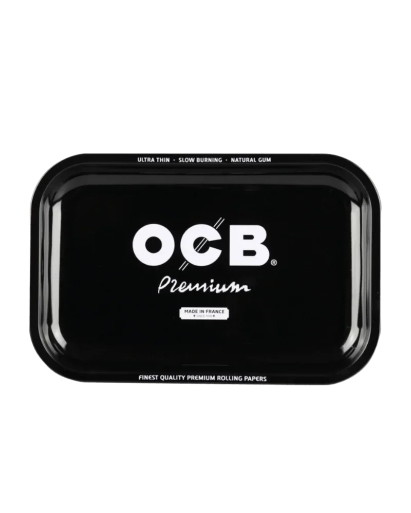 OCB Premium rolling tray, black with white logo, ultra-thin slow-burning natural gum design, made in France
