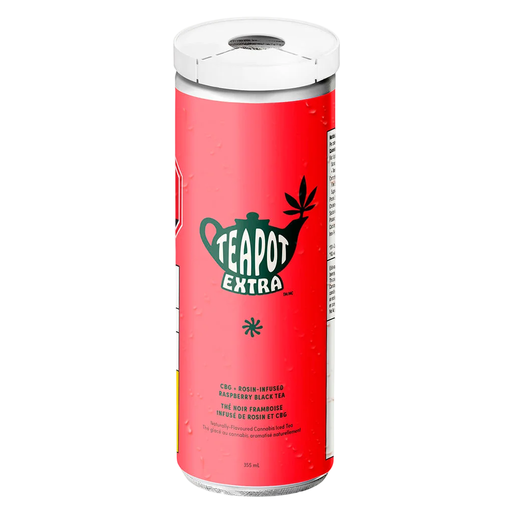 Teapot Extra CBG + rosin-infused raspberry black tea, 355 mL cannabis beverage in bright red can