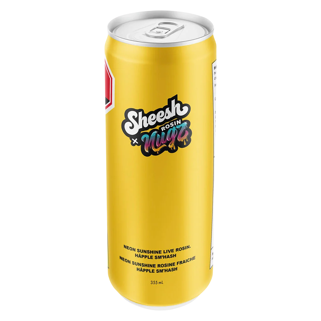 Sheesh x Nugz Neon Sunshine Live Rosin Happle Sm'Hash 355mL cannabis beverage can with yellow finish and pull-tab top