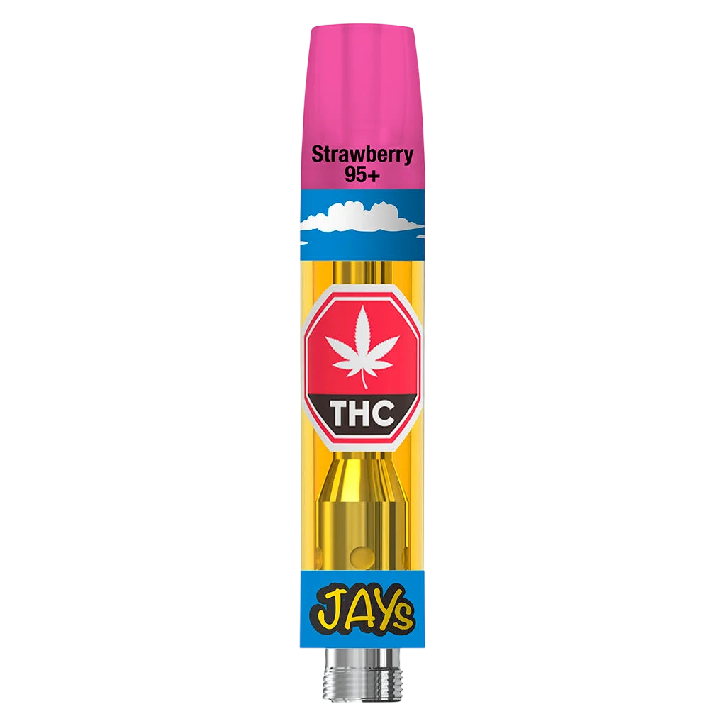 Cartouche de vapotage cannabis JAYS Fraise 95+ avec chambre dorée et badge THC rouge sur l'emballage