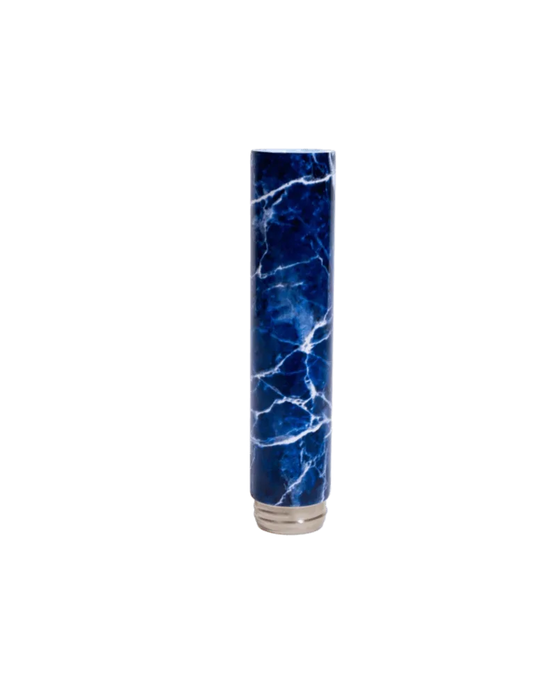 Chill Neckpiece in blue marble design with white vein pattern and brushed metal base, cannabis accessory