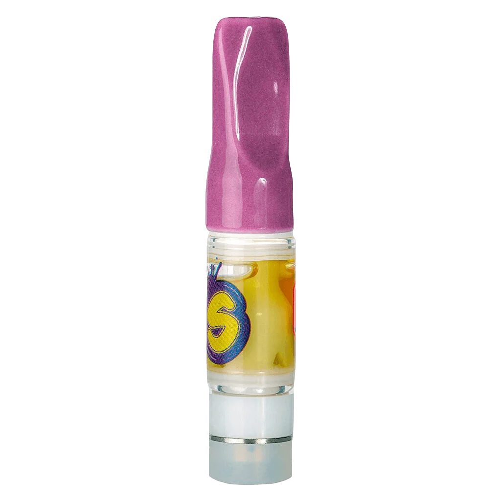 Grease Bucket Live Rosin 510 cannabis vape cartridge with purple mouthpiece and yellow concentrate fill