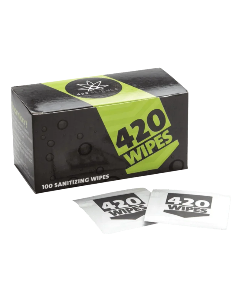 420 Wipes 100-pack sanitizing wipes box with lime-green and black packaging, two individual wipe packets displayed in front