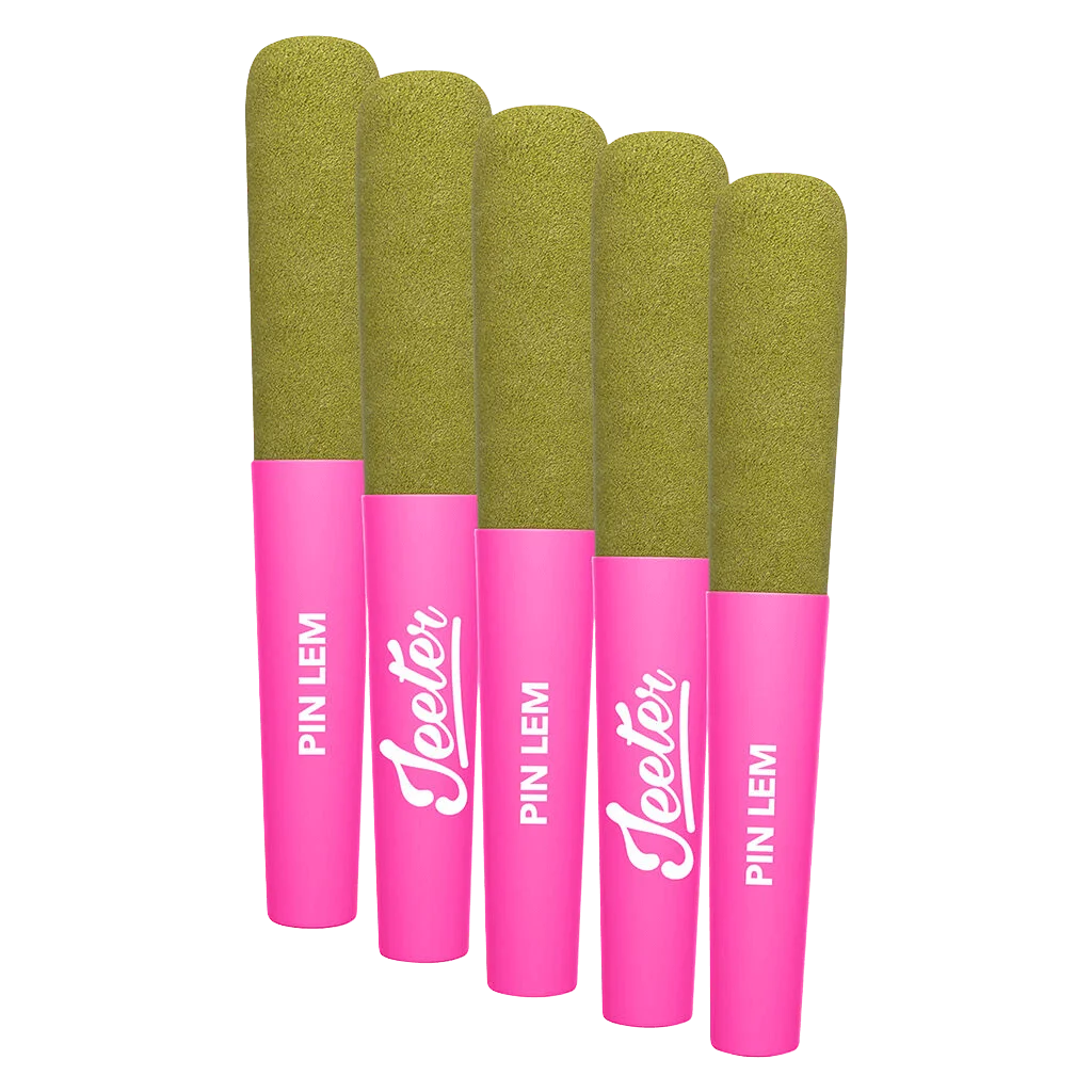 Five Baby Jeeter Infused Pink Lemon pre-rolls with olive-green cannabis flower tips and bright pink tubes branded with white text