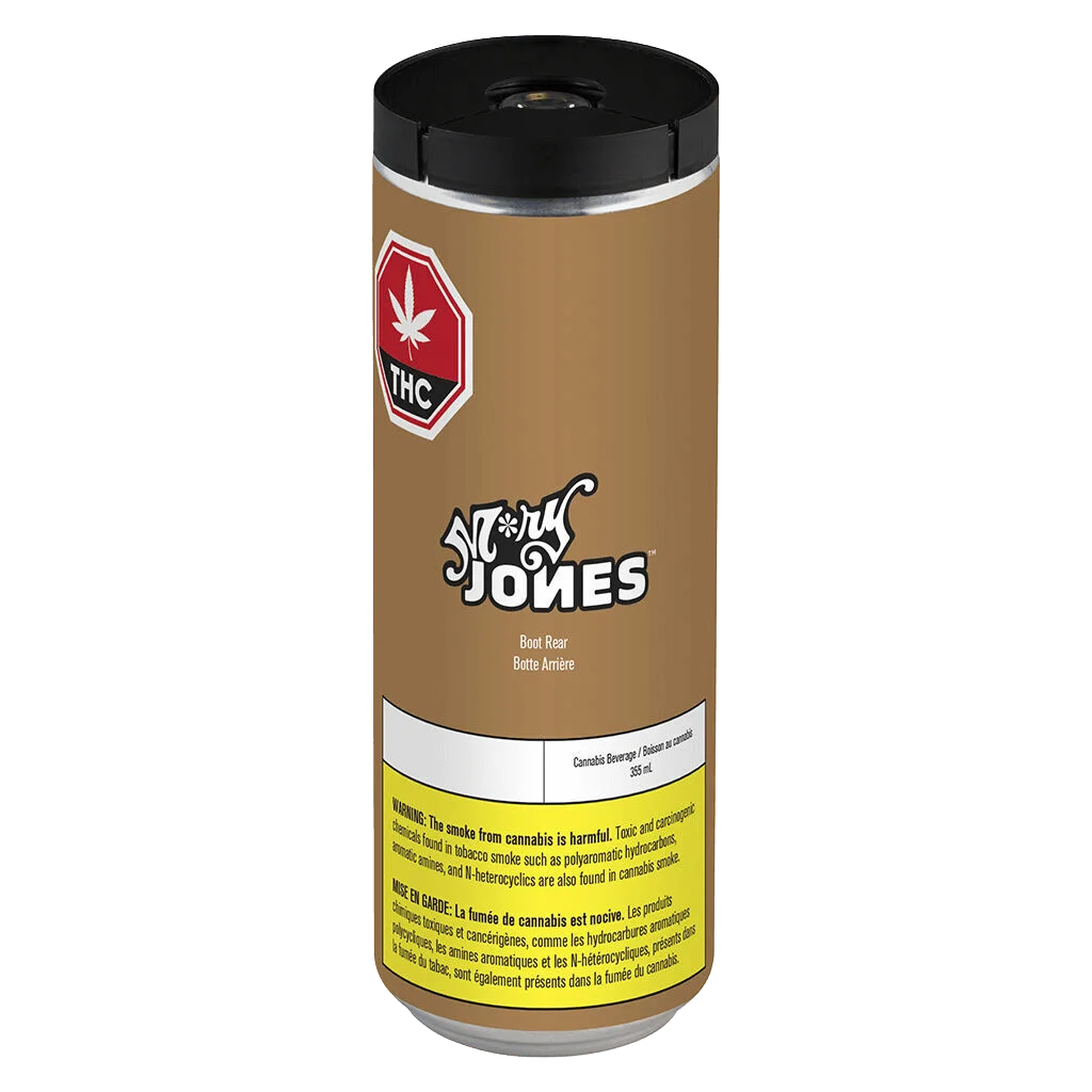 Stra Jomes Boot Rear cannabis beverage, 355 mL bottle with tan label, black cap, and yellow Health Canada warning band.
