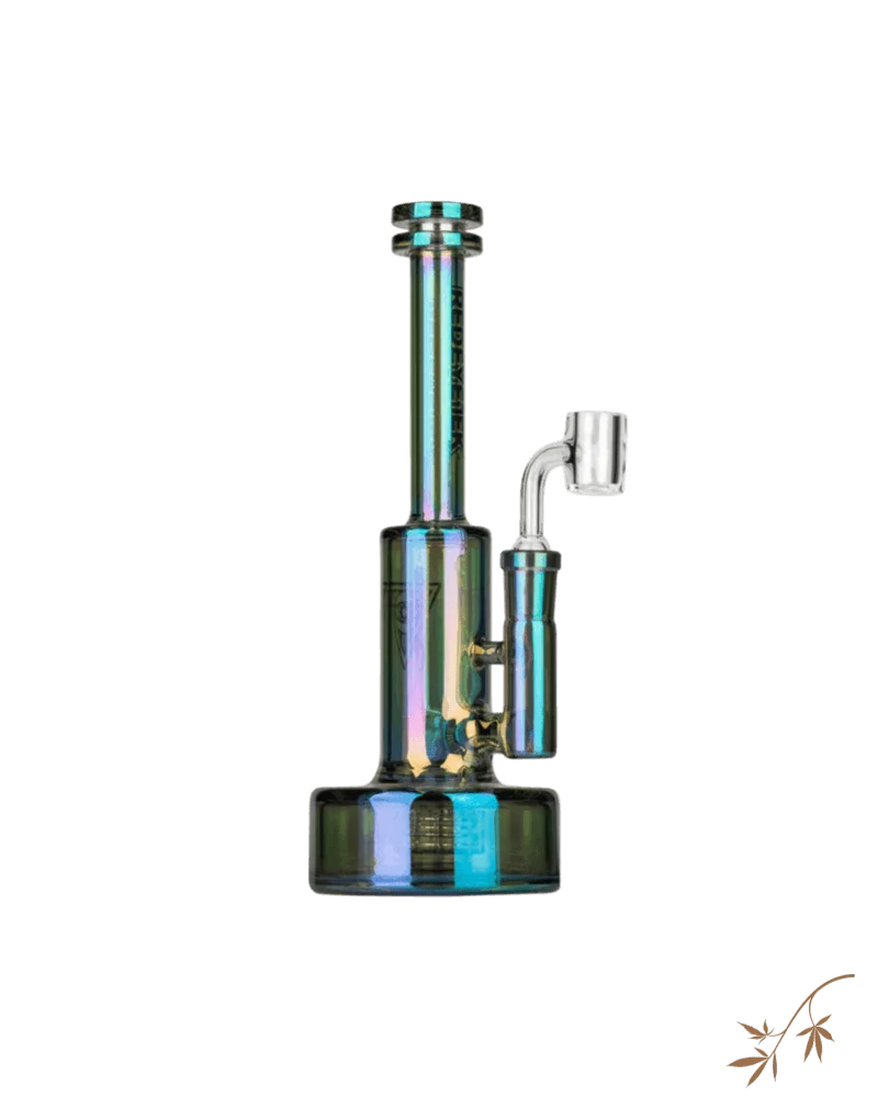 Red Eye Tek Avalon concentrate rig, 9 inches tall, iridescent metallic finish with green base and angled downstem.