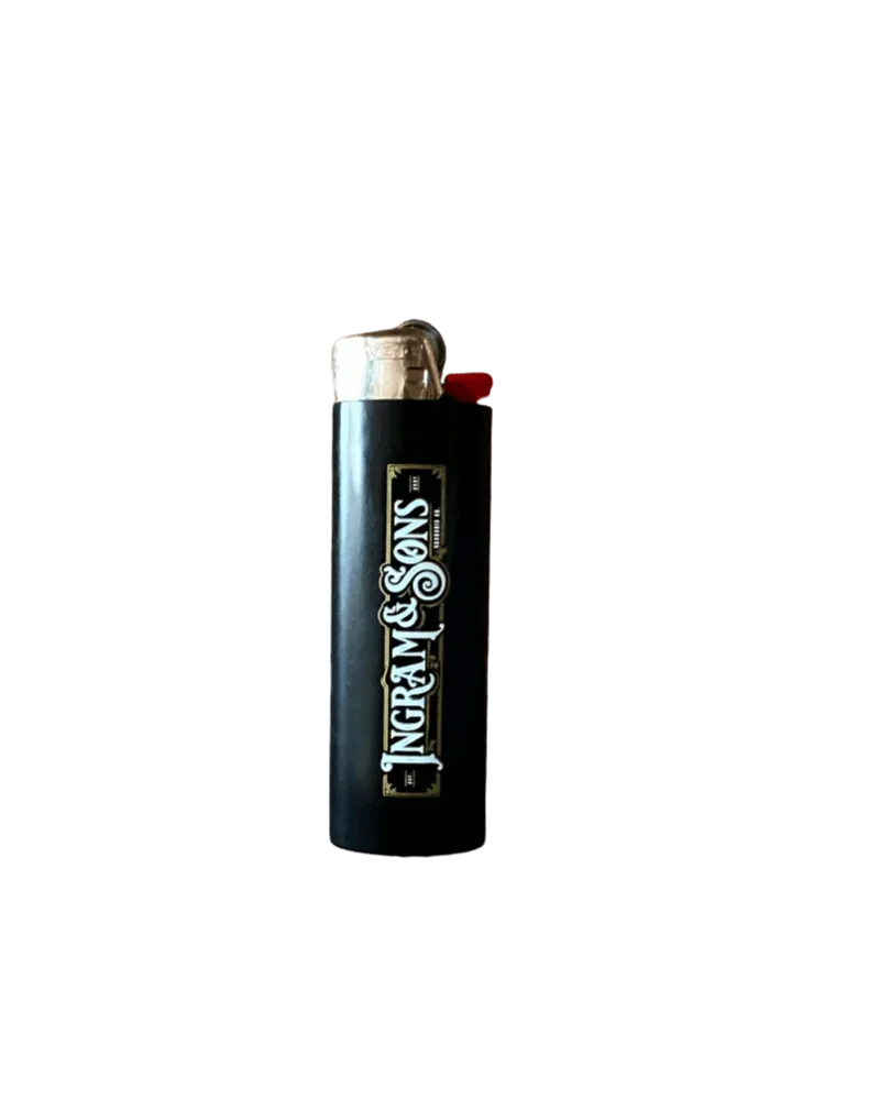 Ingram & Sons BIC lighter with black body, silver top, and red ignition button