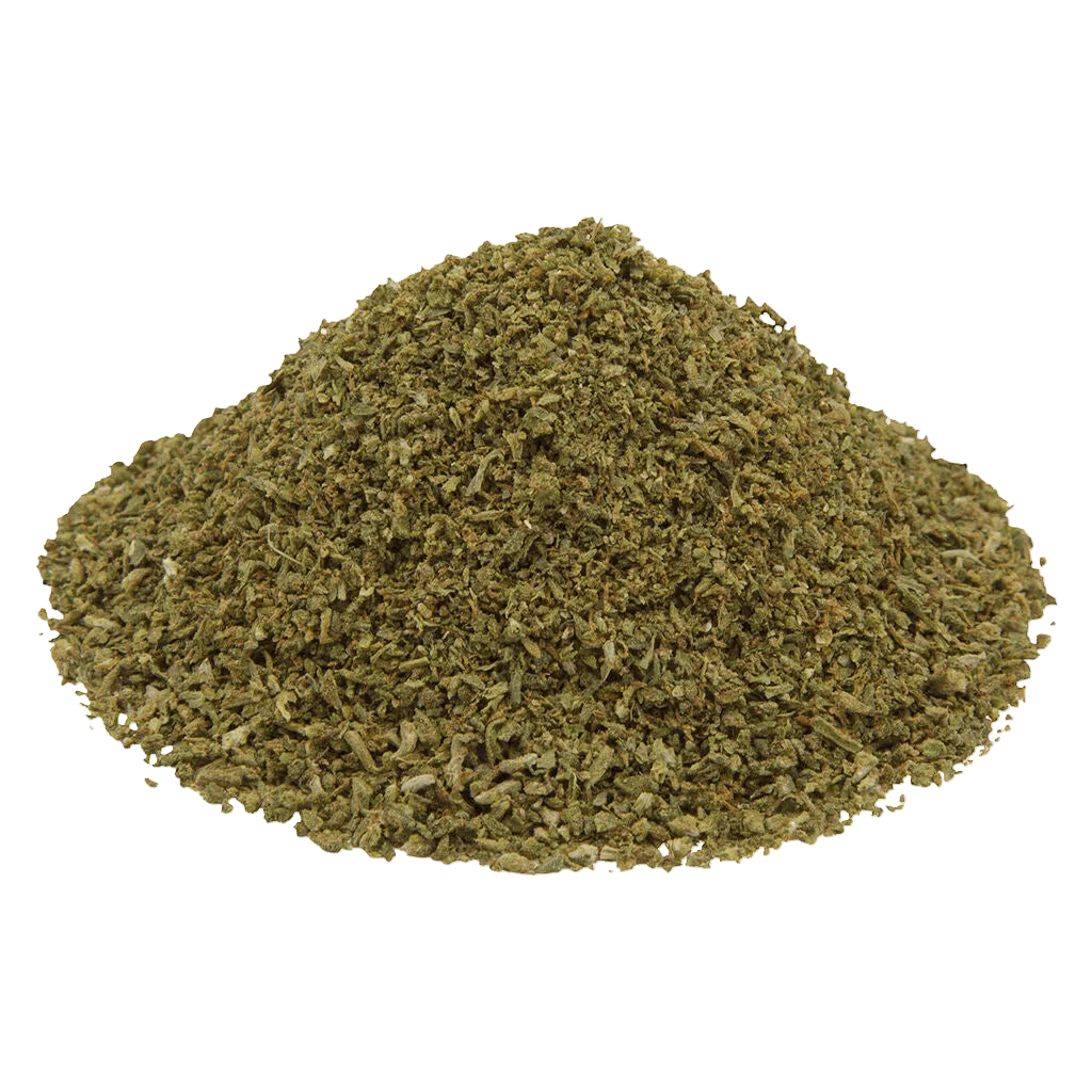 Common Ground Lemon Pave milled cannabis dried flower, finely ground texture in golden-green colour