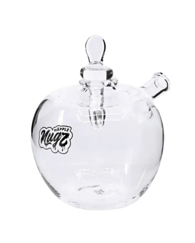 Nugz Happle Hash Pipe, clear glass spherical water pipe with carb hole and glass bowl